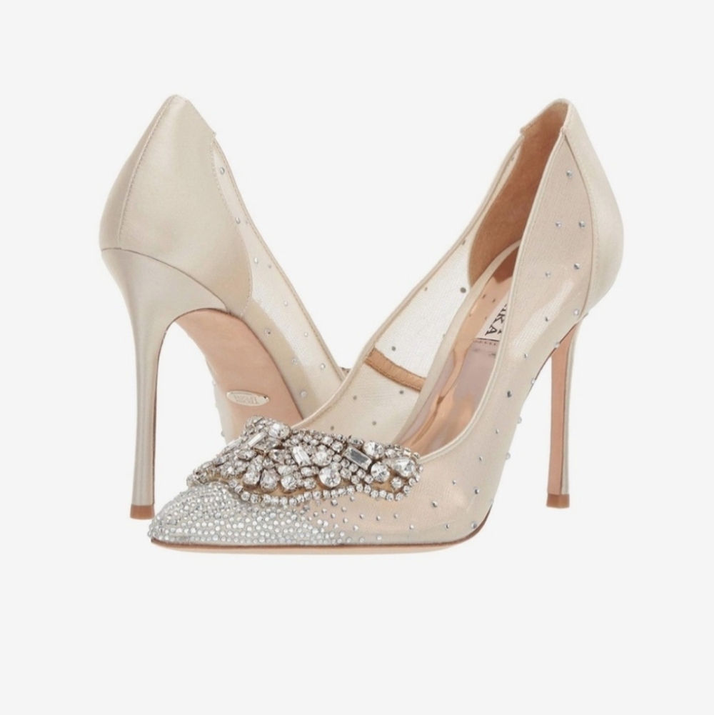 Badgley Mischka Quintana Rhinestone Satin Mesh Pumps Evening Wedding Heels - Picture 5 of 16